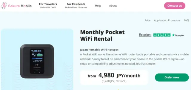 Sakura Mobile website layout for monthly Pocket WiFi rental plans starting at 4,980 yen.