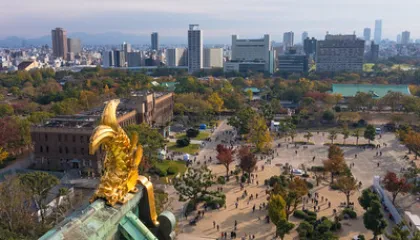 Aerial view from the roof of Osaka Castle, with golden sachihoko overlooking the park and city skyline