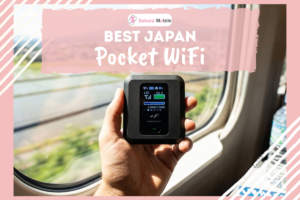 POV view of a hand holding a Pocket WiFi device on a Shinkansen train, with a mountain view outside the window.
