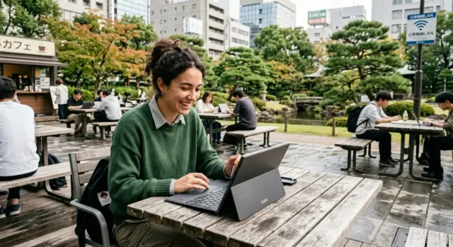 A smiling young woman in a green sweater works on a tablet in an urban park.