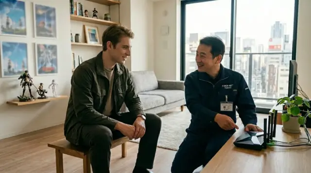 Internet technician setting up WiFi router in modern apartment living room in Tokyo.