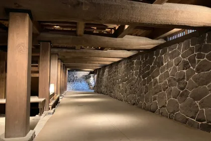 Kuragari-tsuro, long dark underground passage with curved stone wall and heavy wooden support pillars