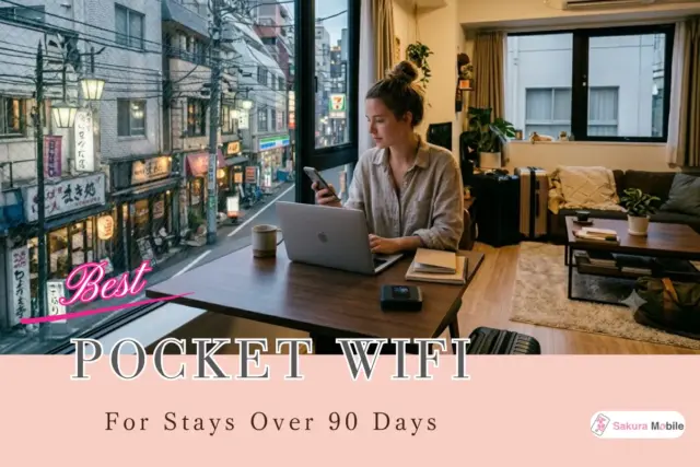 Remote worker using a laptop and portable WiFi router in a Tokyo apartment overlooking a city street.