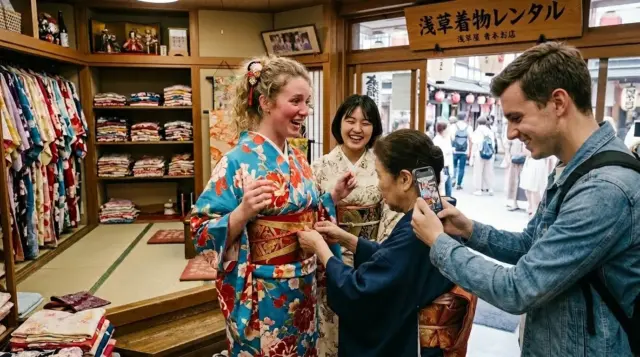 Tourists being fitted with kimono in a rental shop in Asakusa, Tokyo, while staff help adjust the clothing and friends take photos.