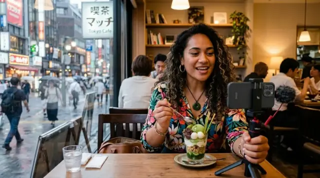 Woman filming a matcha parfait dessert with a smartphone in a Tokyo cafe, with a busy city street visible through the window.