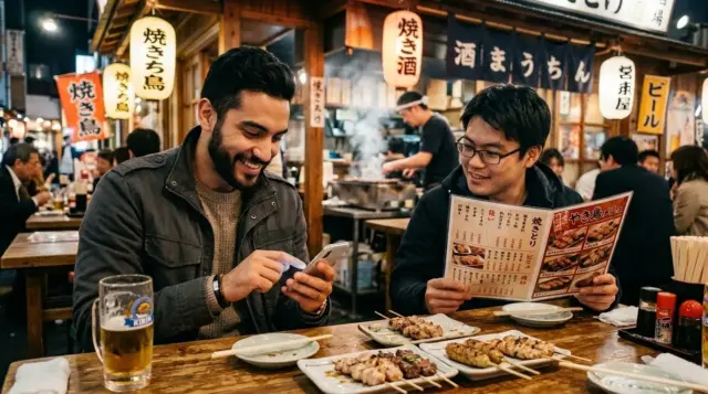 Two friends dining at a Tokyo izakaya restaurant, looking at a menu and smartphone while eating grilled skewers with beer and traditional Japanese lanterns in the background.