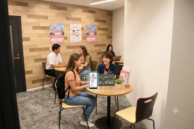Sakura Mobile staff in a wood-paneled customer space assisting customers with smartphone setup at a table.