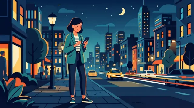 An illustration of a woman ordering an Uber to pick her up.
