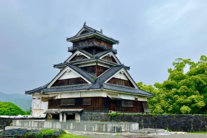 Uto Turret at Kumamoto Castle showing original muti-tiered wooden structure with traditional tiled gables