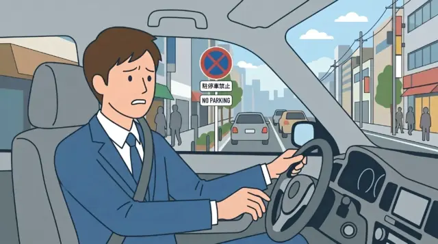 An illustration of a worried driver looking at a Japanese "No Parking" sign.