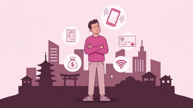An illustration of a man thinking about travel necessities with icons like a smartphone, credit card, and Wi-Fi.