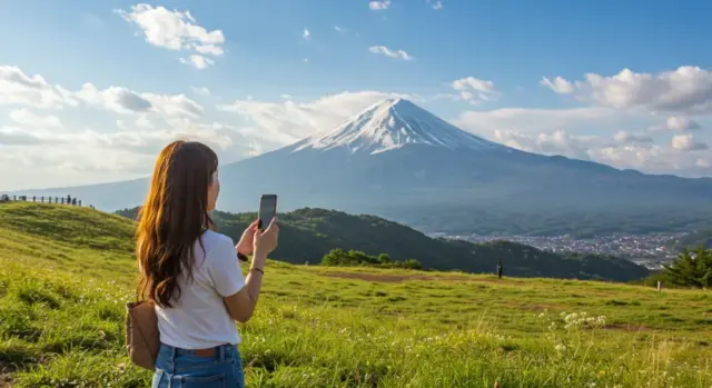 Traveler capturing the view of Mount Fuji Japan.
