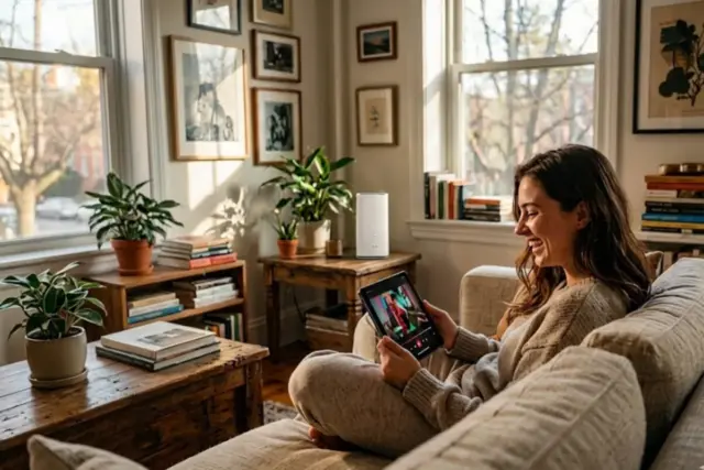 A smiling woman sitting on a living room sofa streaming video on a tablet next to a white Sakura Mobile router.