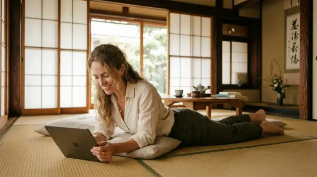 Woman using tablet while lying on futon in a traditional Japanese tatami room.