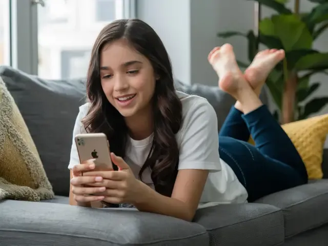 Woman relaxing on a sofa and browsing smartphone in bright living room.