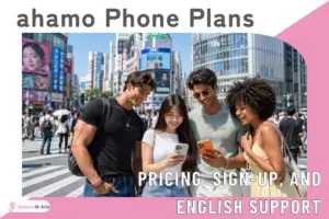 Friends enjoying Shibuya in Tokyo, smiling as one checks ahamo phone plans on an iPhone.