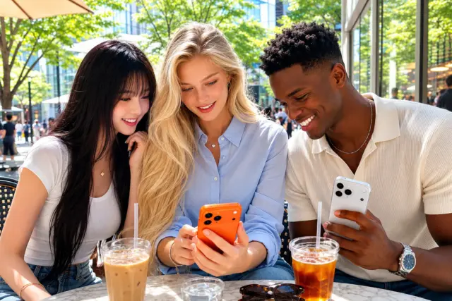 Friends at an Omotesando cafe in Tokyo looking into ahamo's 30 GB and 110 GB phone plans on a phone.