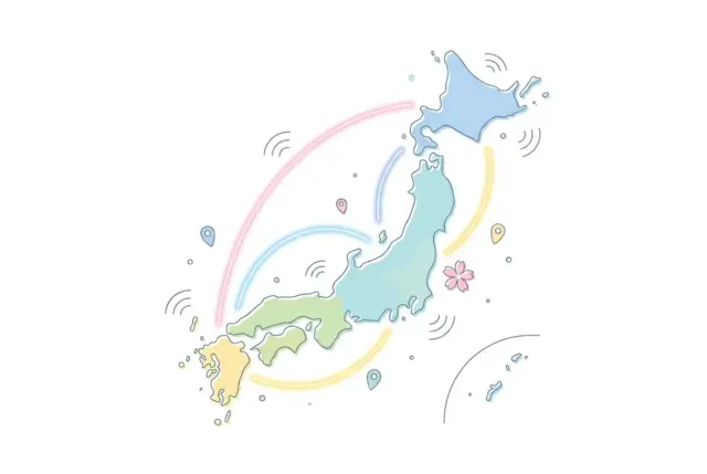 Illustration of Japan with mobile network coverage spreading across the country.