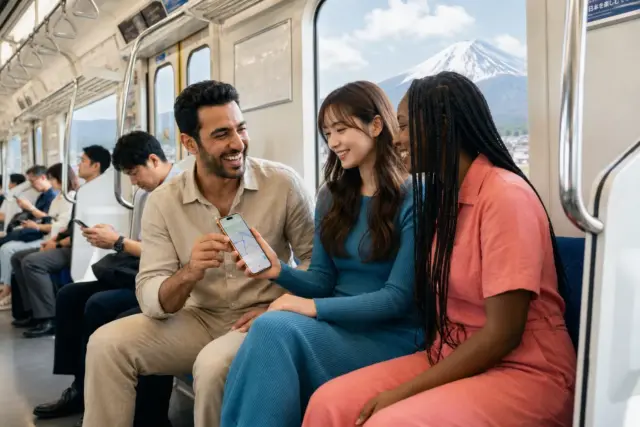 Friends on a Tokyo subway train using a phone to look up directions.