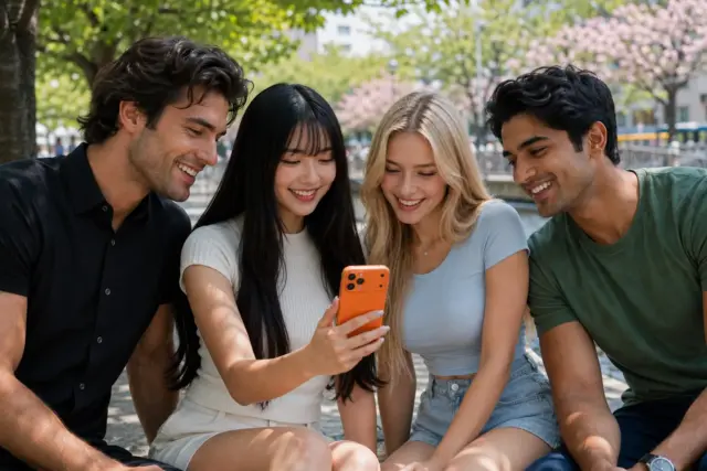 Friends by the Meguro River in Tokyo sharing a video on a phone, enjoying ahamo's generous data.