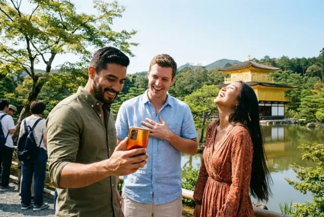 Friends at Kyoto's Golden Pavilion checking a phone on a sunny day.