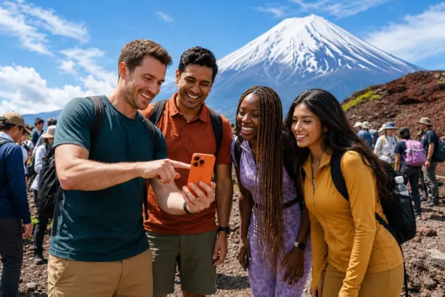 Friends on a Mount Fuji trail checking the route on a phone during climbing season.