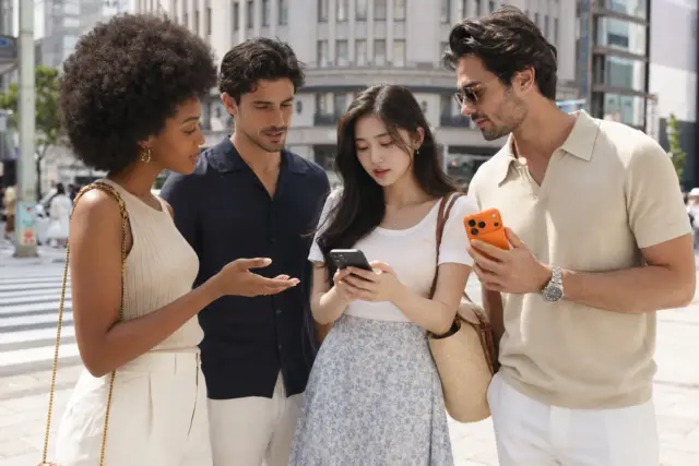 Friends on a Ginza street in Tokyo comparing ahamo with other Japanese mobile carriers on a phone.