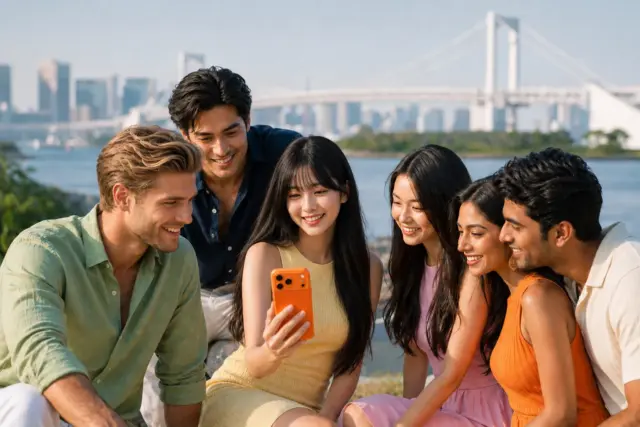 Friends relaxing by Tokyo Bay at Odaiba, happy after choosing the right mobile plan.