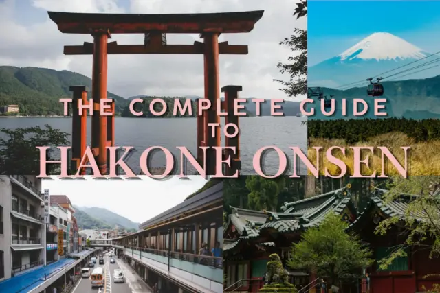 Travel guide graphic for Hakone Onsen, showcasing a traditional red torii gate over a town street, a classic ryokan building, and a daytime view of Mount Fuji with a sightseeing ropeway.