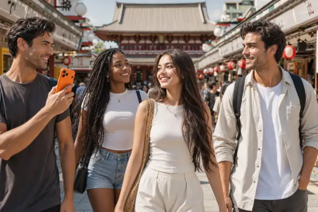 Friends enjoying Asakusa in Tokyo, staying connected in Japan with Sakura Mobile.