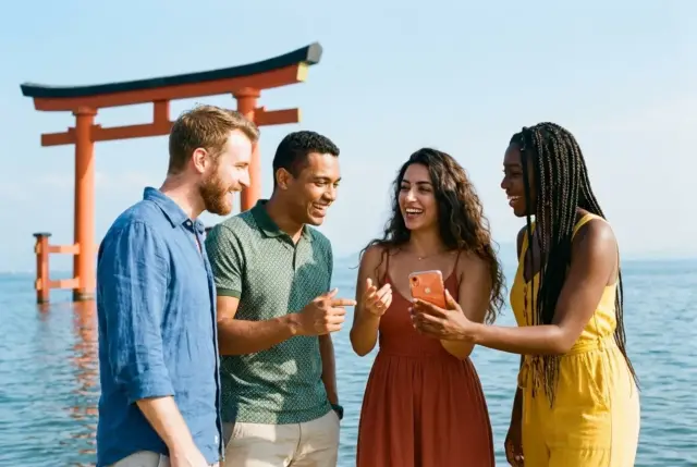 Friends in front of the floating torii gate at Itsukushima Shrine on Miyajima.