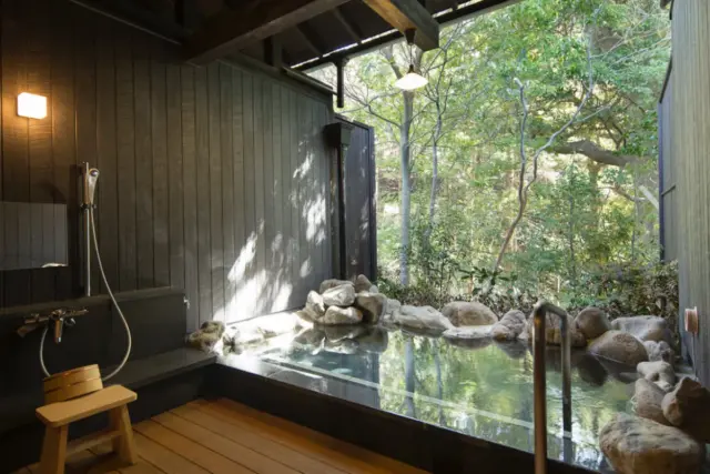 An open-air Japanese hot spring bath (rotenburo) with a stone border, surrounded by lush green trees and forest