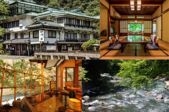 Collage of a traditional Japanese ryokan, including its exterior by a calming river, a tatami guest room, and an indoor dining space