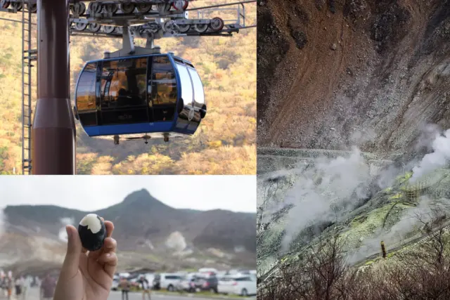 Collage showing the Hakone Ropeway cable car, steam rising at Owakudani, and a hand holding a kuro-tamago (black boiled egg).