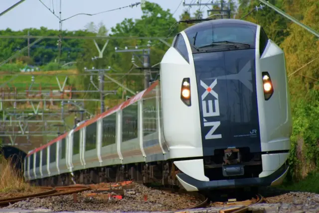 Narita Express train traveling through Japan
