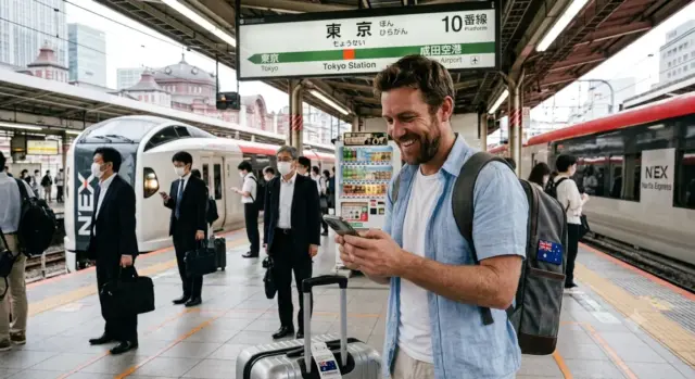 A traveler using his phone at Tokyo Station, showing active mobile data connection with a Japan travel eSIM.