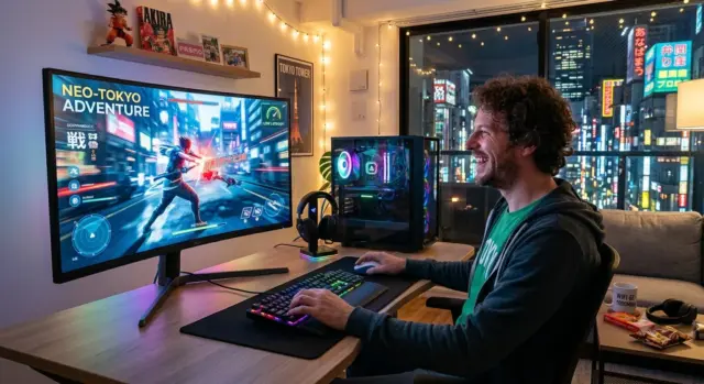 Man smiling while playing an action video game on a wide curved monitor in a Tokyo apartment at night.