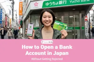 Expat holding a Japan Post Bank passbook and smartphone with SMS verified screen outside a Tokyo branch.