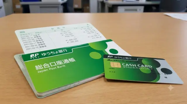 Close-up of an official green Japan Post Bank savings passbook and plastic ATM cash card.