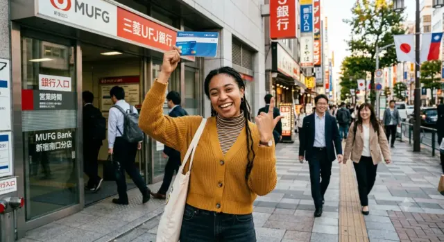 Smiling resident holding an UFJ cash card outside a bank branch in Shinjuku, Tokyo.