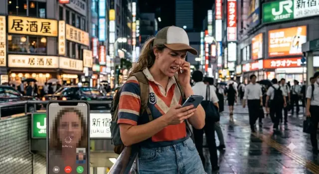 Frustrated tourist facing buffering on video call in Tokyo, showing the downsides of slow international data roaming in Japan.