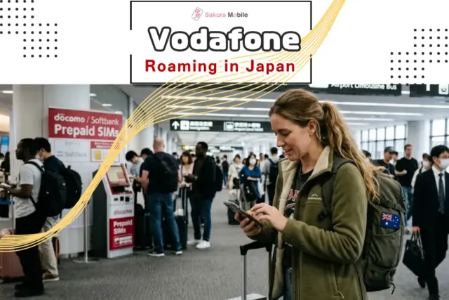 An Australian traveler with a backpack looking at her phone at a Japanese airport.