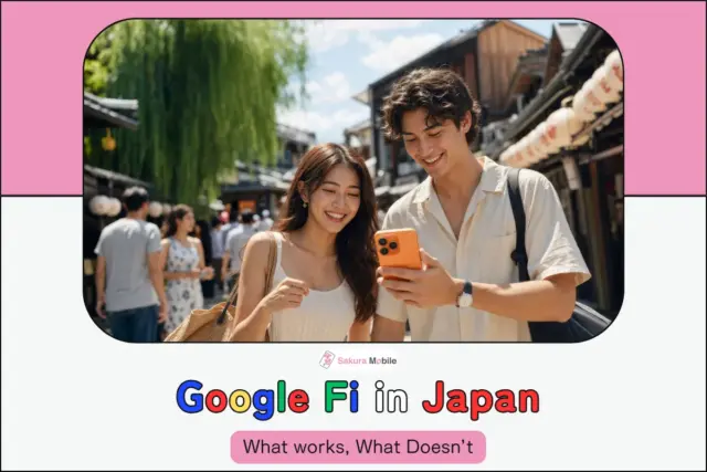 A young couple smiling together while checking a smartphoneon a lantern-lined Kyoto street.
