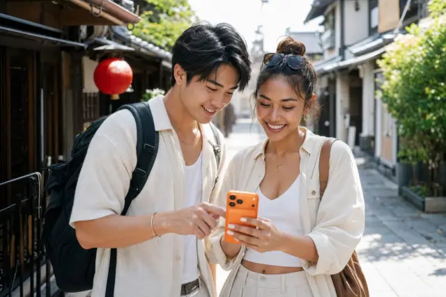 A couple checking a smartphone together on a traditional Kyoto street in Japan.