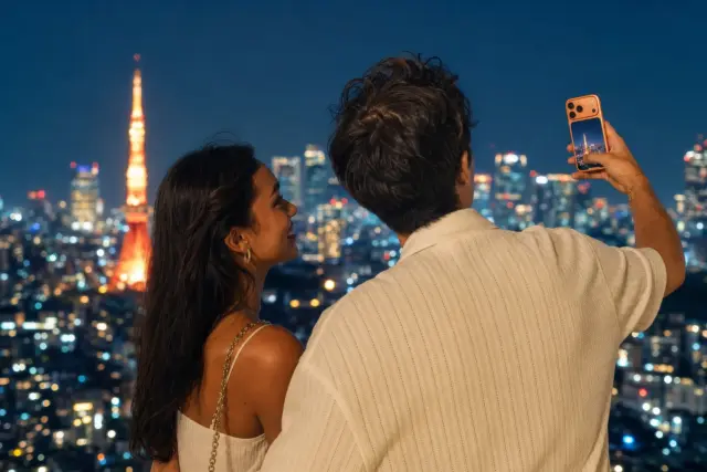 A couple taking a nighttime photo of the illuminated Tokyo Tower skyline with a smartphone.