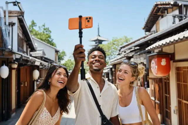 Three friends laughing while taking a selfie on a traditional Kyoto street with a pagoda in the background.