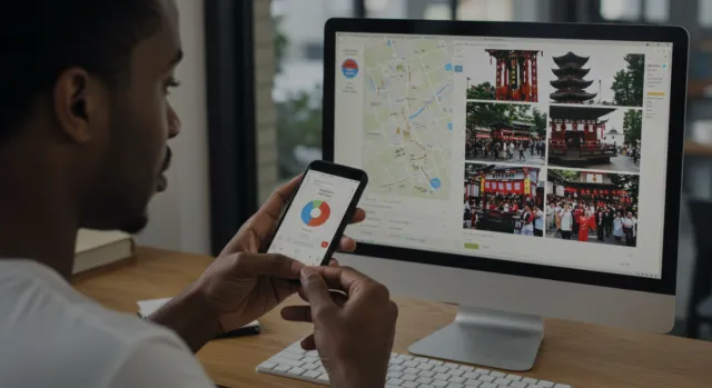 A traveler checking his phone’s data usage, with a map and photos of Japan on his desktop screen.