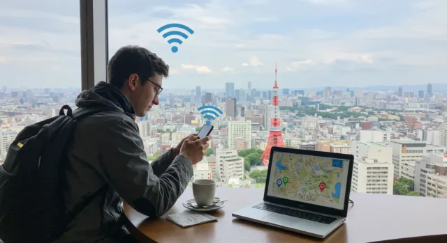 A traveler using WiFi on his phone and laptop.
