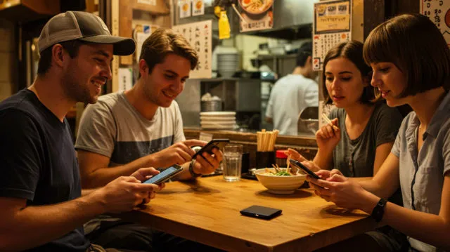 A group of friends checking their phones at a ramen shop in Japan.