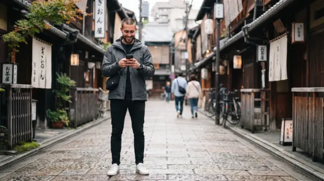 A man stands and smiles while looking at his smartphone in a traditional Gion street in Kyoto, Japan.